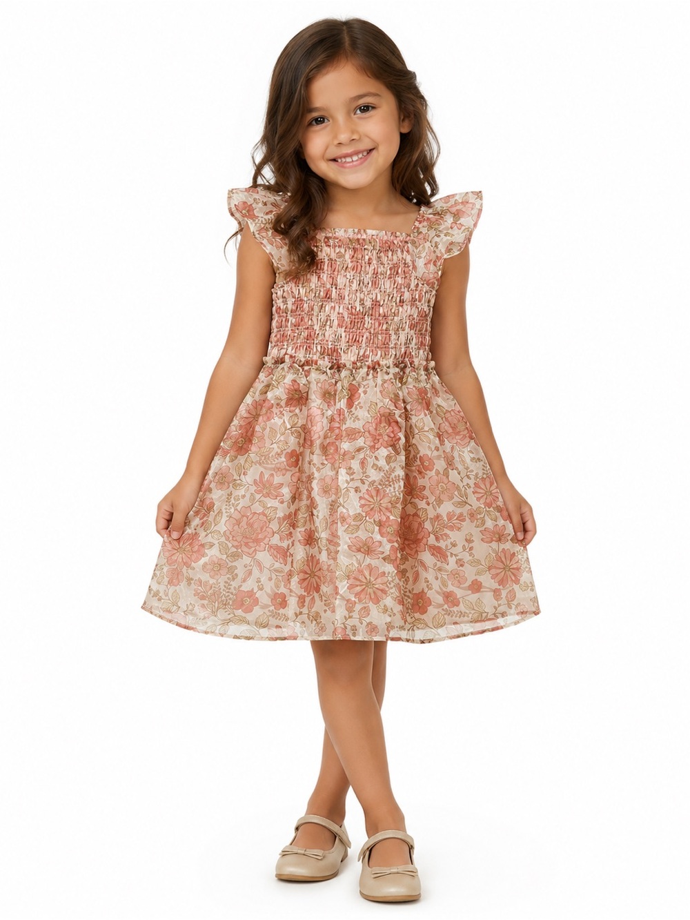 Kensie Pink Cream Floral Smocked Ruffle Dress